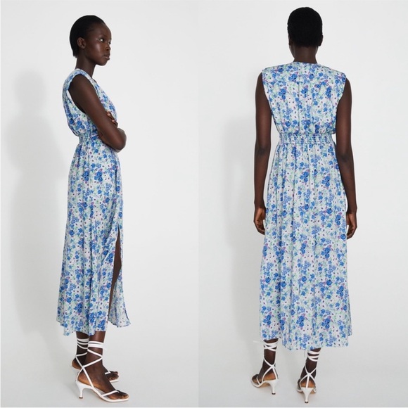 NWT Zara Blue Floral Printed Midi Summer Sun Dress White 8342/332 Medium Maxi - Picture 4 of 11